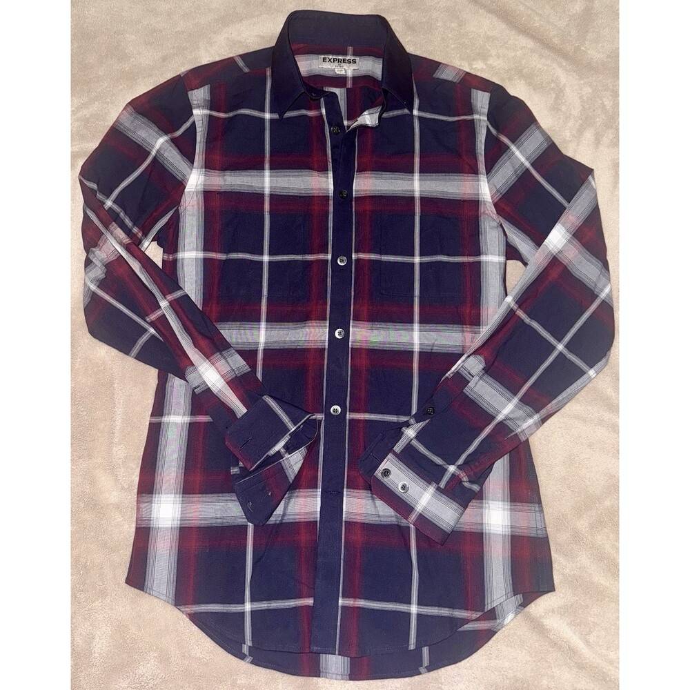 Mens Express Fitted Long Sleeved Plaid Shirt navy/red/grey Size Extra Small